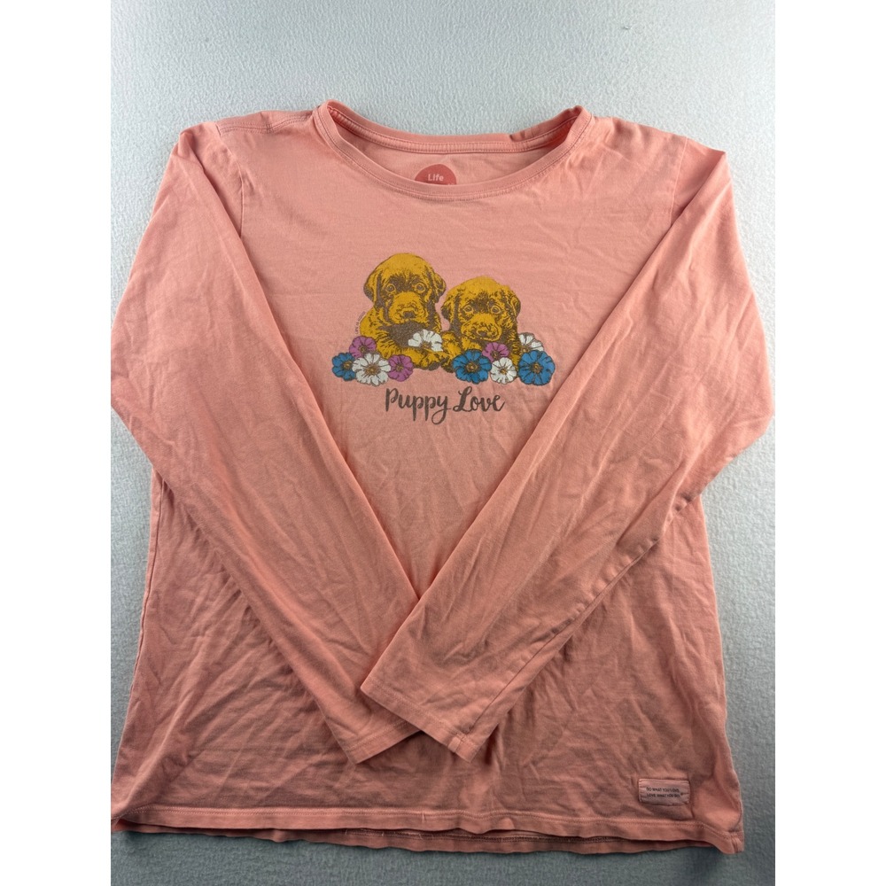 Life is Good Womens Large Crusher Tee Puppy Love Long Sleeve Coral Pink Shirt